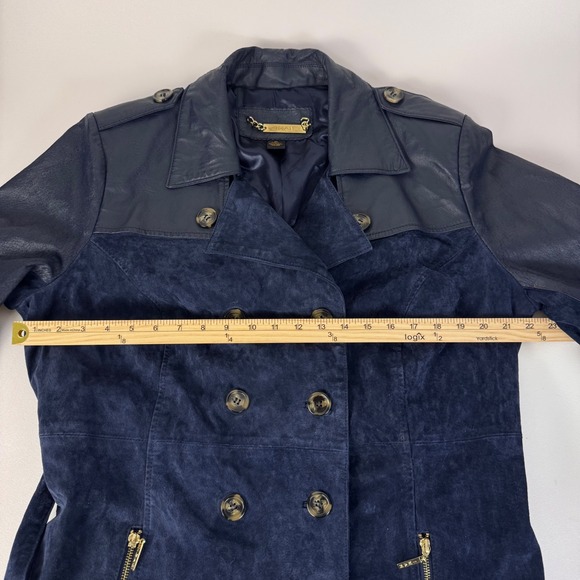 IMAN Trench Coat Women XL Navy Blue Genuine Leather Suede Mixed Media Belted - Picture 8 of 14